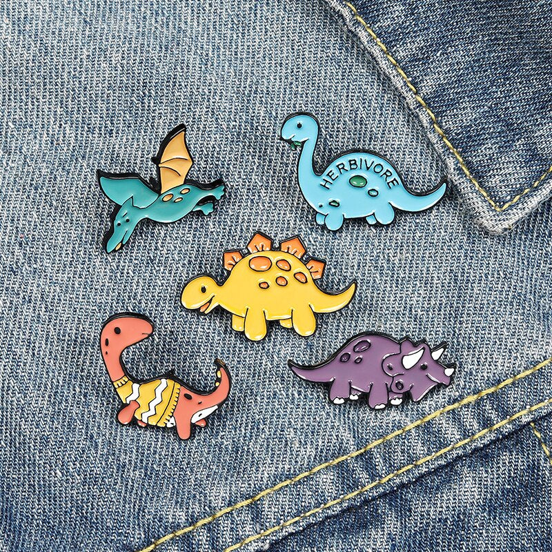 Cartoon Dinosaur Enamel Pins Stegosaurus Pterosauria Brooches for Kids Friends Jurassic Animal Badges Bag Lapel Pin Jewelry Gift