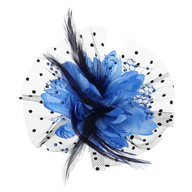 Women Bridal Mesh Bow Feather Beads Wedding Fascinator Dot Veil Hair Clip Brooch