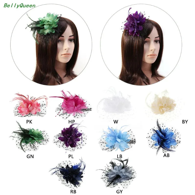 Women Bridal Mesh Bow Feather Beads Wedding Fascinator Dot Veil Hair Clip Brooch