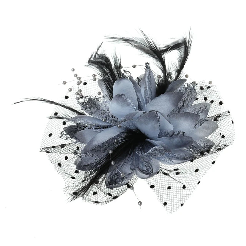 Women Bridal Mesh Bow Feather Beads Wedding Fascinator Dot Veil Hair Clip Brooch