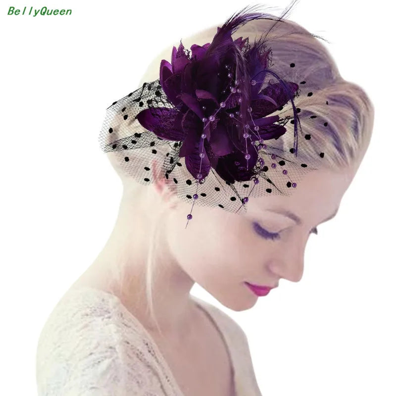 Women Bridal Mesh Bow Feather Beads Wedding Fascinator Dot Veil Hair Clip Brooch