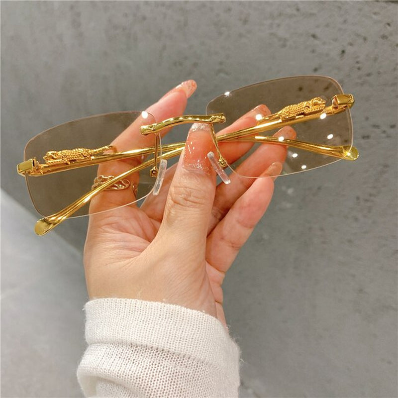 Vintage Sunglasses Rimless Cut Edge Women'S Sunglasses Fashion Designer Shades Luxury Golden Leopard Frame Sunglasses UV400