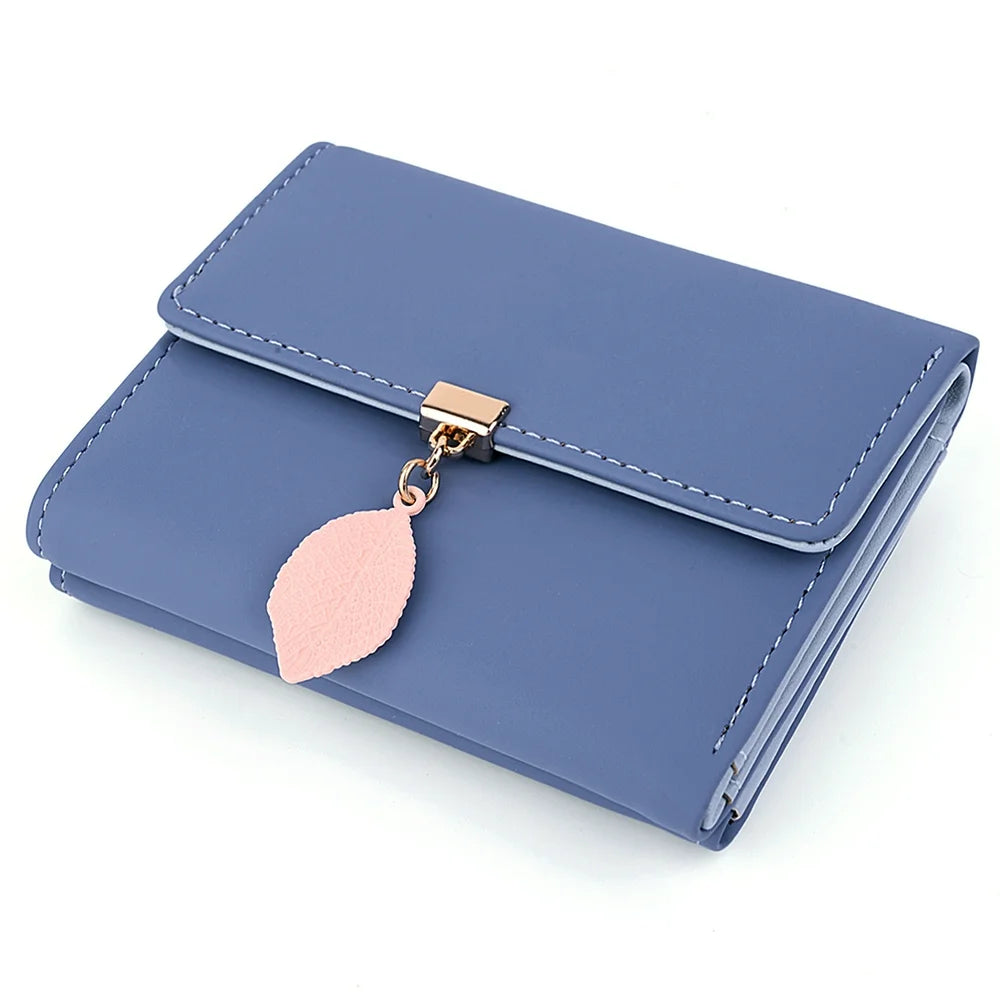 Small Wallet for Women PU Leather RFID Blocking Coin Purse Card Holder Trifold Ladies Purse Leaf Pendant(Blue)