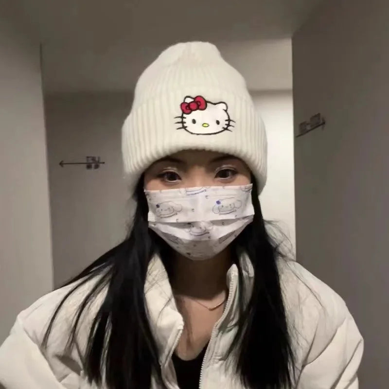 Kawaii Saniro Hello Kitty Embroidery Knitted Cap Cartoon Kt Cat Wool Cap Warm Cap Couple Set Head Hat Girls Gifts