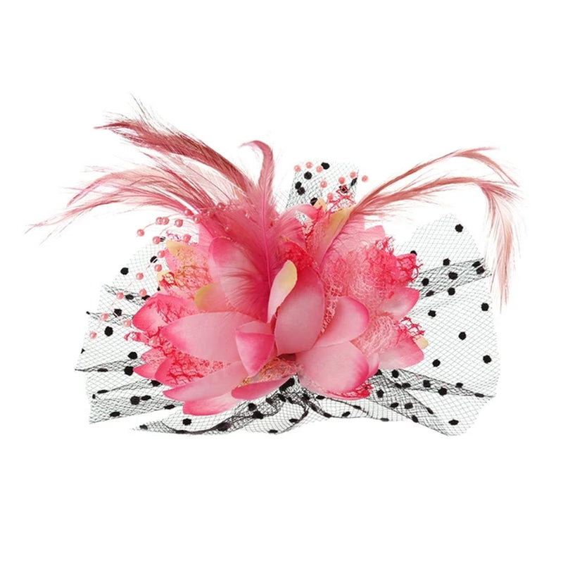 Women Bridal Mesh Bow Feather Beads Wedding Fascinator Dot Veil Hair Clip Brooch