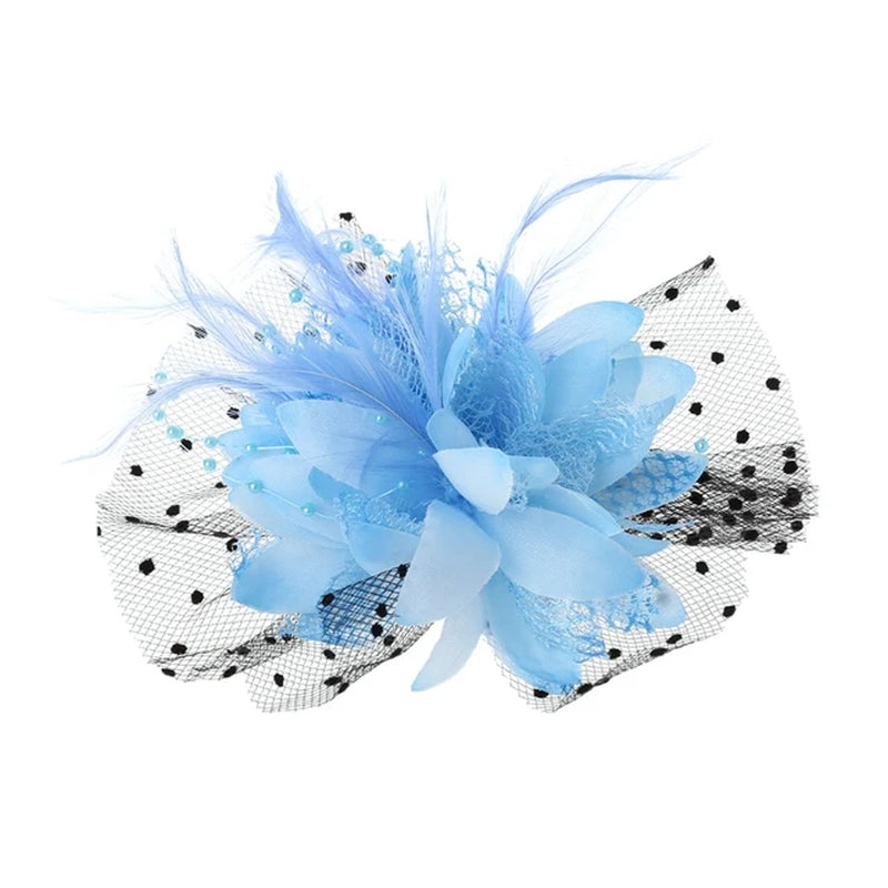 Women Bridal Mesh Bow Feather Beads Wedding Fascinator Dot Veil Hair Clip Brooch