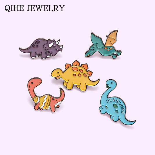 Cartoon Dinosaur Enamel Pins Stegosaurus Pterosauria Brooches for Kids Friends Jurassic Animal Badges Bag Lapel Pin Jewelry Gift