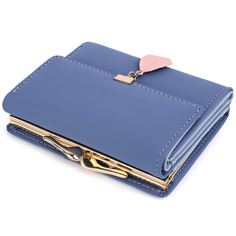 Small Wallet for Women PU Leather RFID Blocking Coin Purse Card Holder Trifold Ladies Purse Leaf Pendant(Blue)