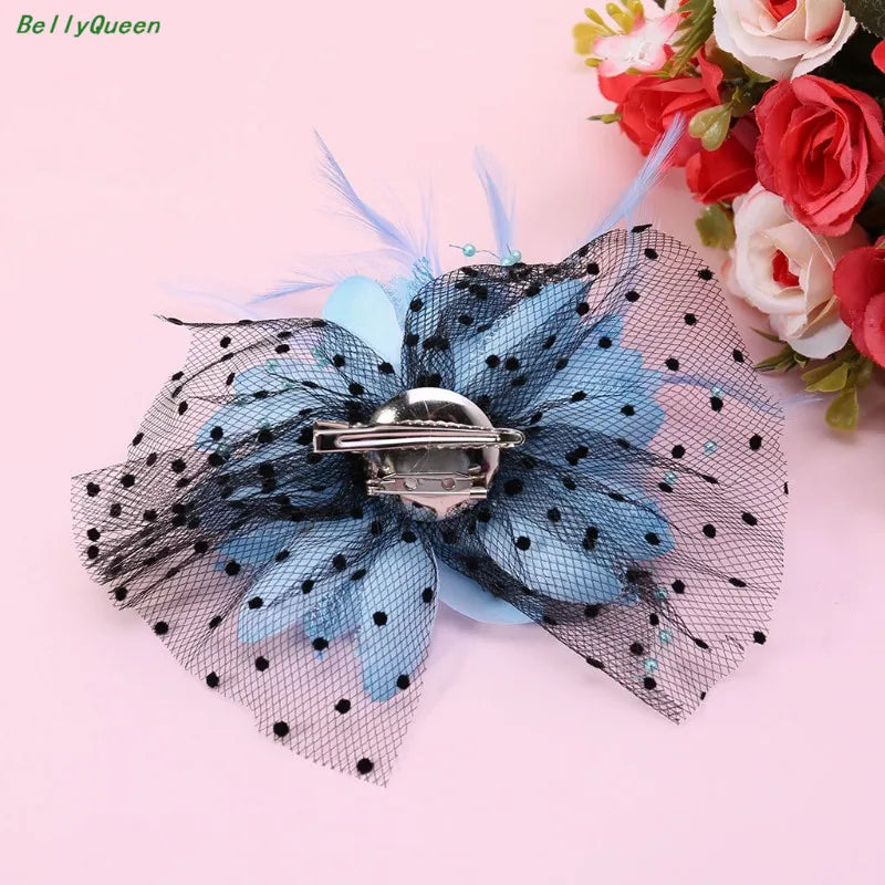 Women Bridal Mesh Bow Feather Beads Wedding Fascinator Dot Veil Hair Clip Brooch