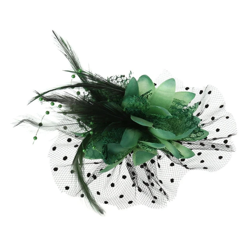 Women Bridal Mesh Bow Feather Beads Wedding Fascinator Dot Veil Hair Clip Brooch