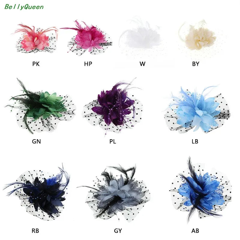 Women Bridal Mesh Bow Feather Beads Wedding Fascinator Dot Veil Hair Clip Brooch