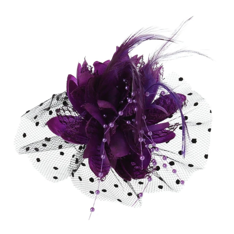 Women Bridal Mesh Bow Feather Beads Wedding Fascinator Dot Veil Hair Clip Brooch