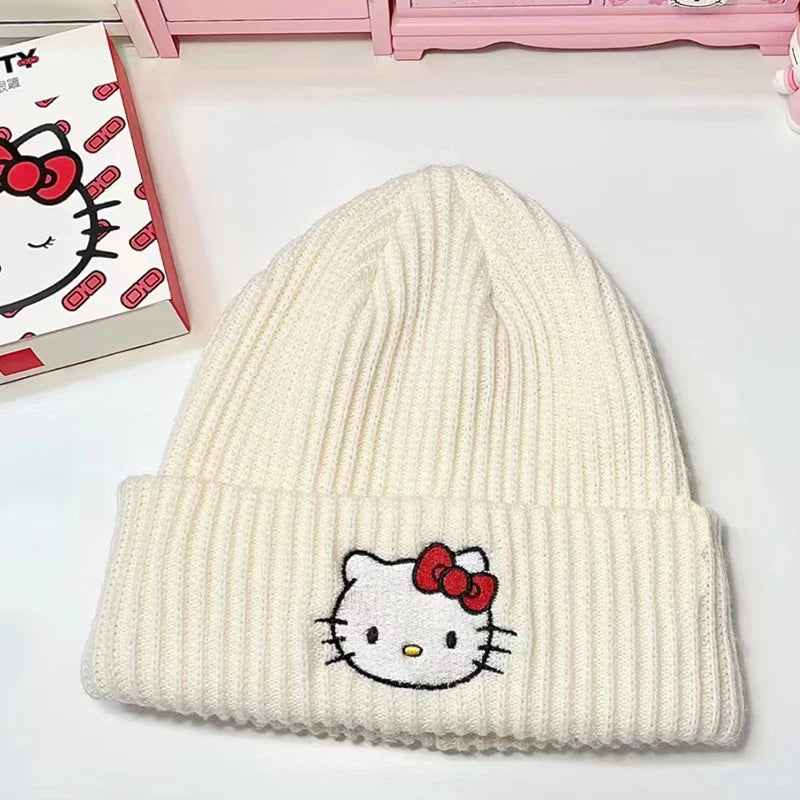 Kawaii Saniro Hello Kitty Embroidery Knitted Cap Cartoon Kt Cat Wool Cap Warm Cap Couple Set Head Hat Girls Gifts