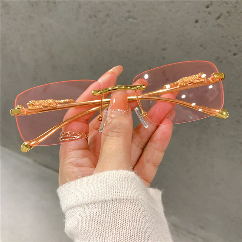 Vintage Sunglasses Rimless Cut Edge Women'S Sunglasses Fashion Designer Shades Luxury Golden Leopard Frame Sunglasses UV400