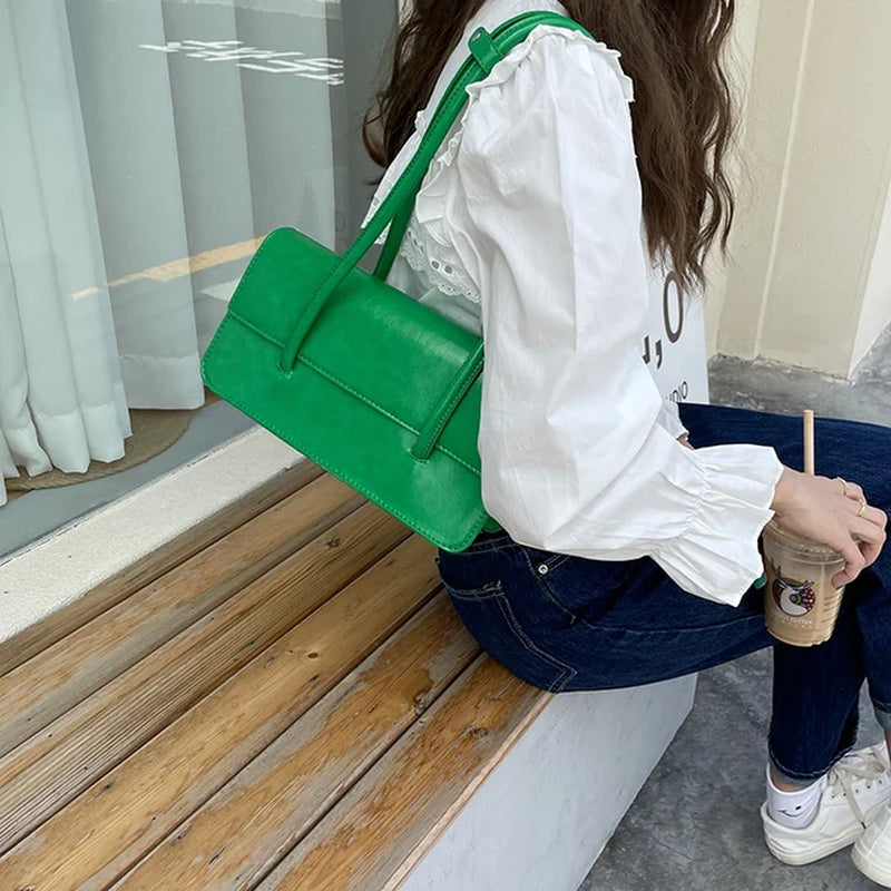 Retro Simple Women'S Underarm Bag Vintage Green Ladies Square Shoulder Bags Winter Fashion Female Tote Purse Top Handle Handbags