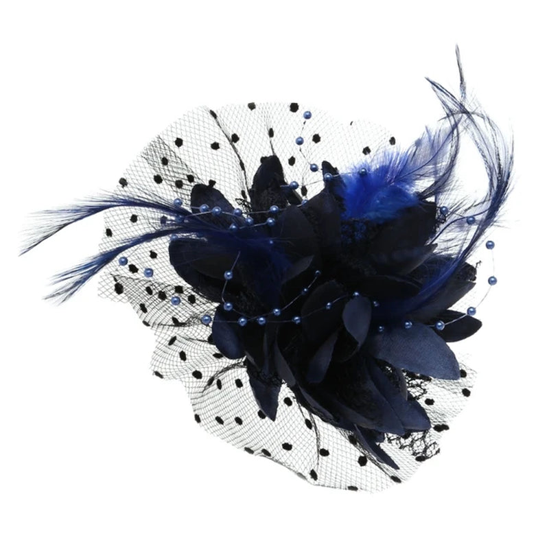 Women Bridal Mesh Bow Feather Beads Wedding Fascinator Dot Veil Hair Clip Brooch