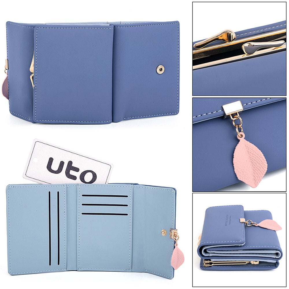 Small Wallet for Women PU Leather RFID Blocking Coin Purse Card Holder Trifold Ladies Purse Leaf Pendant(Blue)