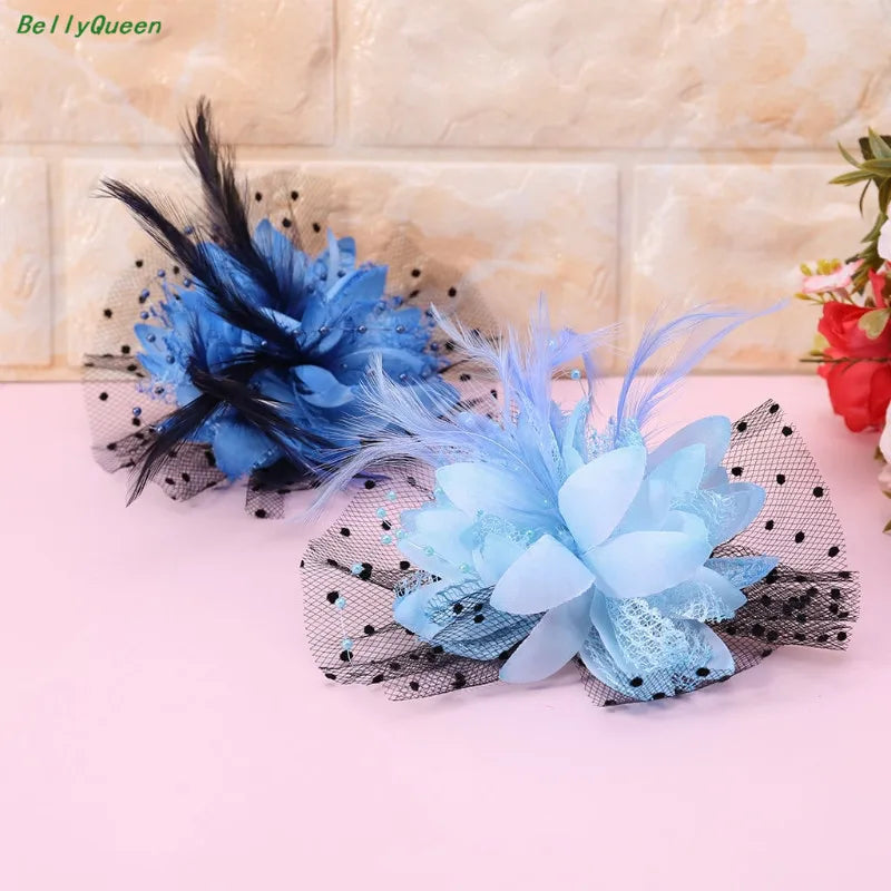 Women Bridal Mesh Bow Feather Beads Wedding Fascinator Dot Veil Hair Clip Brooch