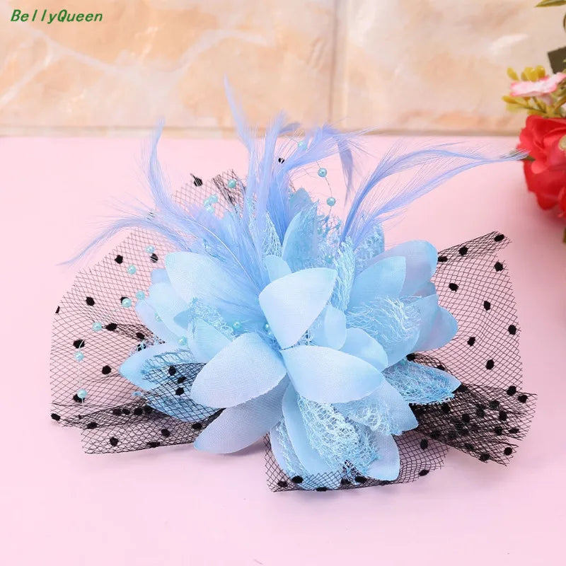 Women Bridal Mesh Bow Feather Beads Wedding Fascinator Dot Veil Hair Clip Brooch